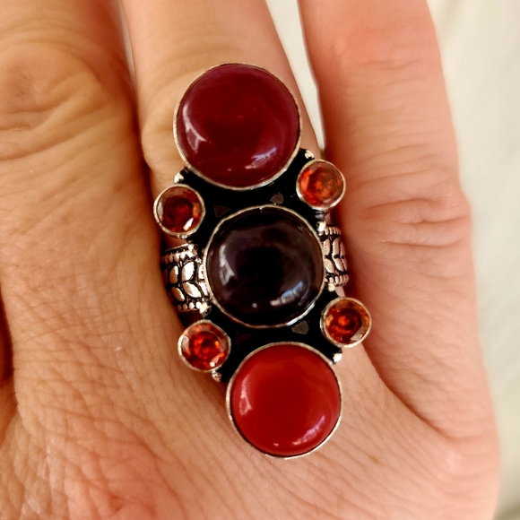New Cherry Ruby, Amethyst, Coral & Garnet 925 Silver Ring - Picture 8 of 8